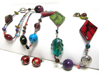 Glass art parts and multi beads link long necklace set