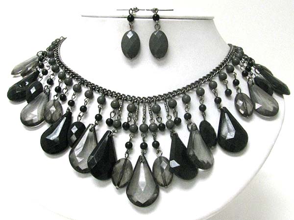 Multi facet teardrop beads dangle necklace earring set