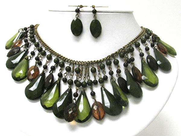 Multi facet teardrop beads dangle necklace earring set