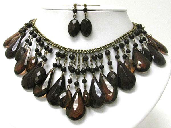 Multi facet teardrop beads dangle necklace earring set