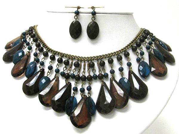 Multi facet teardrop beads dangle necklace earring set