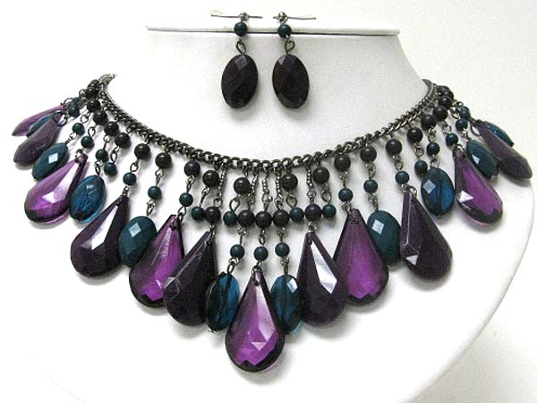 Multi facet teardrop beads dangle necklace earring set