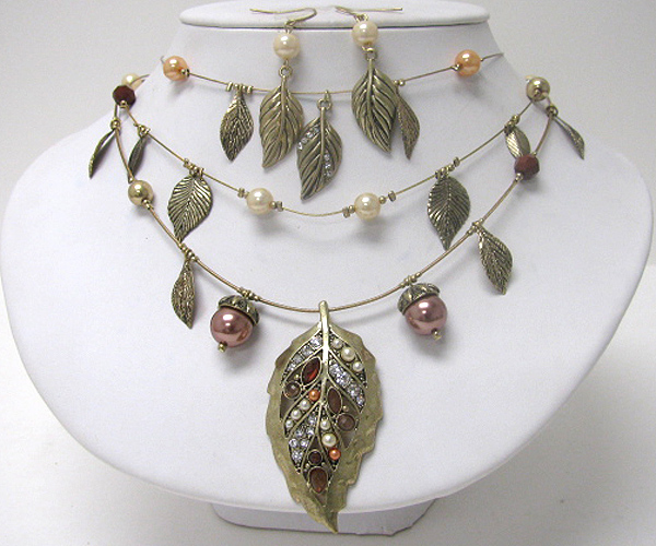 Triple layer multi leaves dangle necklace earring set