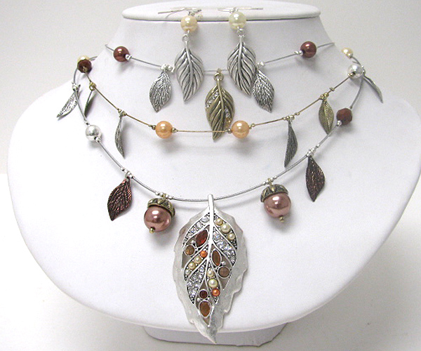 Triple layer multi leaves dangle necklace earring set