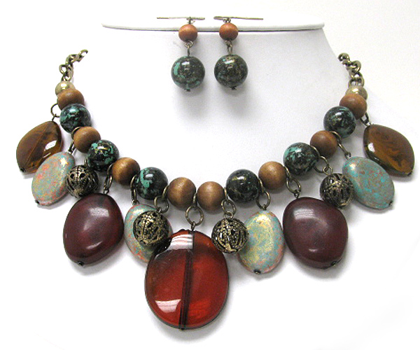 Wood ball and mixed patina stone dangle necklace earring set