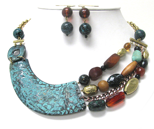 Mixed patina metal and wood ball and mixed beads necklace earring set