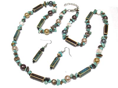 Multi solid patina stone and multi beads necklace and earring set