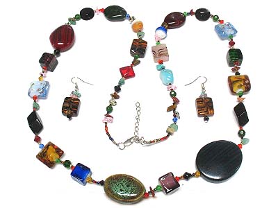 Multi glass bead and germ stone and wood necklace and earring set 