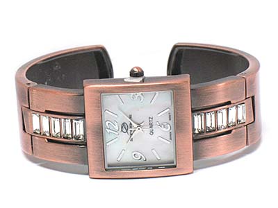 Baget stone deco metal square face bangle watch