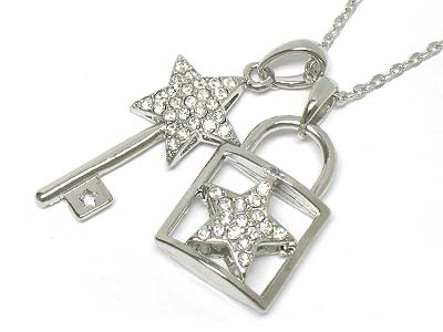 Crystal star deco lock and key pendant necklace