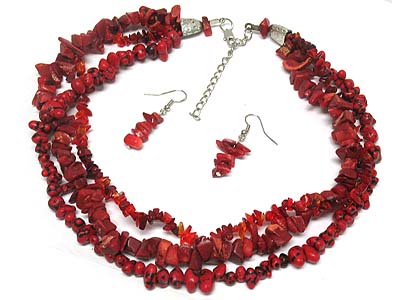 Triple red natural stone strands necklace and earring set 