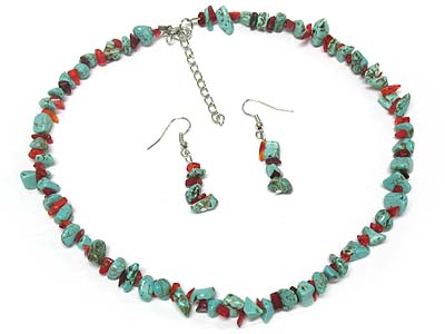 Turquoise and natural chip stone necklace and earring set