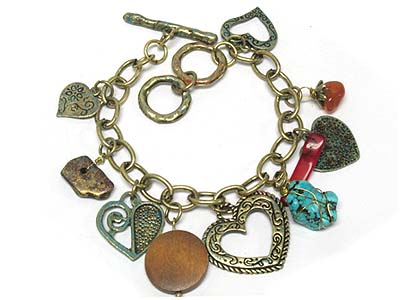 Multi casting heart and wood and natural stone charms toggle bracelet