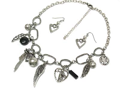 Multi casting metal charms necklace and earring set 