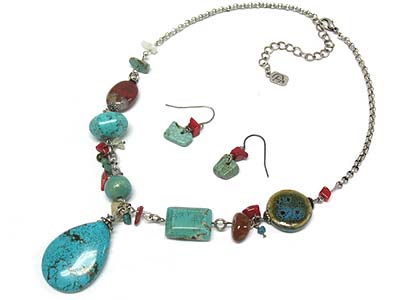 Turquoise stone pendant and multi stone deco necklace and earring set