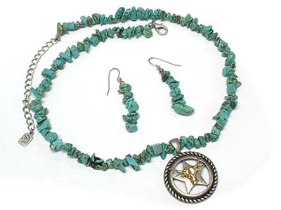 Bull stud star pendant and turquoise chip stone deco strand necklace and earring set 