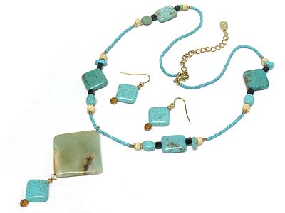 Natural square stone pendant and turquoise stone and wood link seed bead necklace and earring set