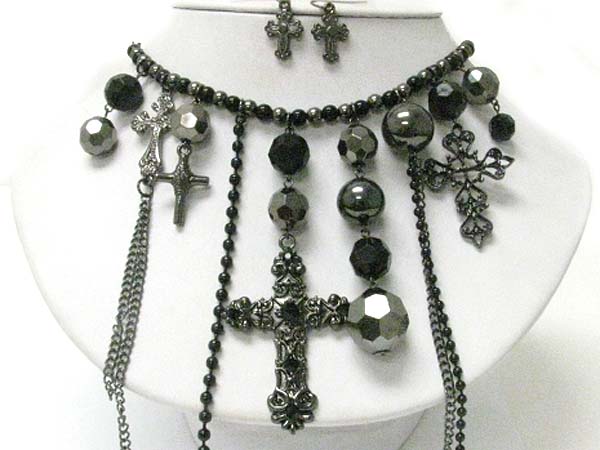 Metallic ball chain and multi cross dangle necklace earring set