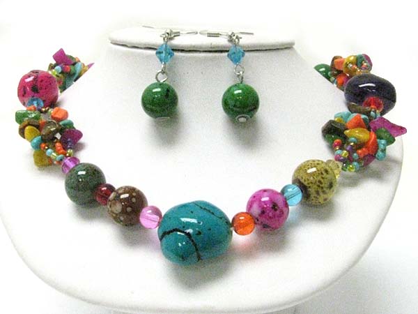 Natural chip stone and ceramic ball link necklace earring set