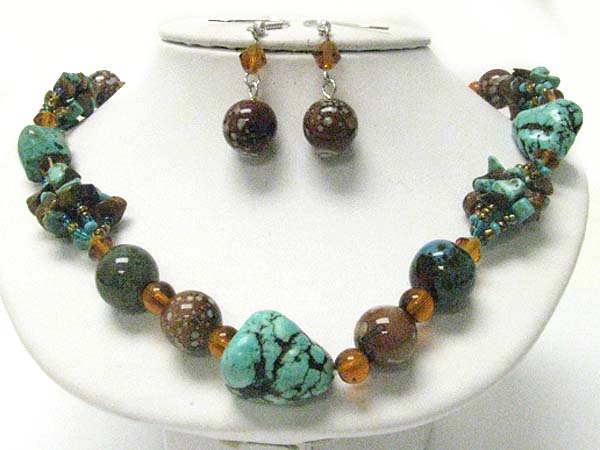 Natural chip stone and ceramic ball link necklace earring set