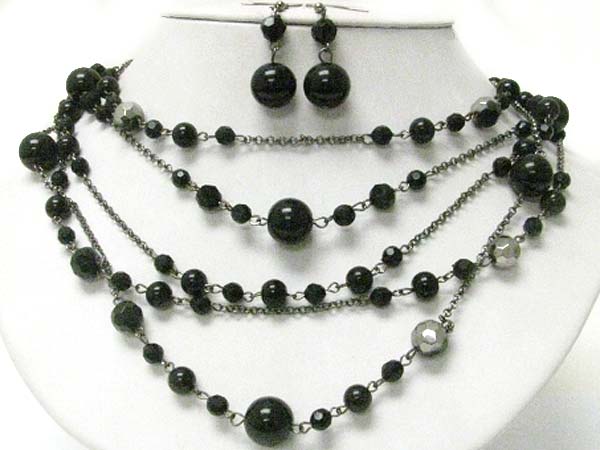 Multi layer pearl and glass beads necklace earring set