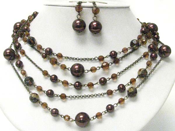 Multi layer pearl and glass beads necklace earring set