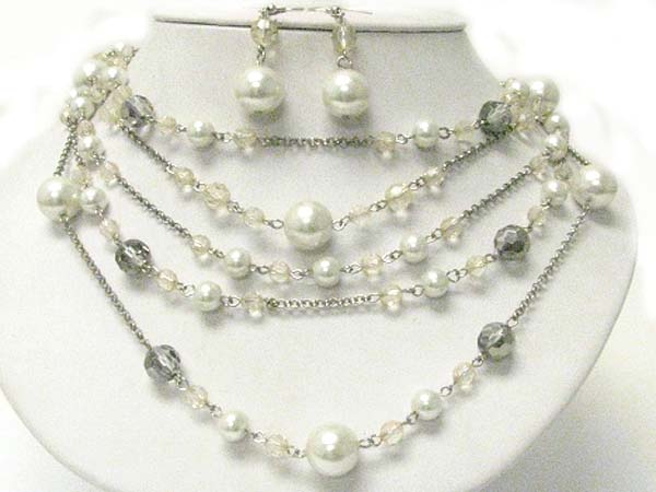 Multi layer pearl and glass beads necklace earring set