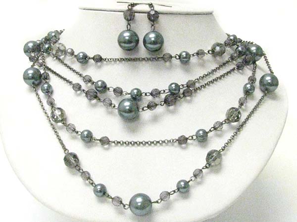 Multi layer pearl and glass beads necklace earring set