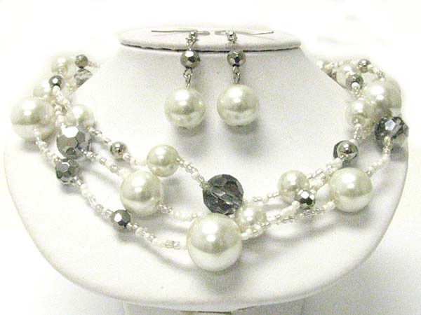 Multi strand pearl and seed beads necklace earring set