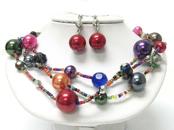 Multi strand pearl and seed beads necklace earring set