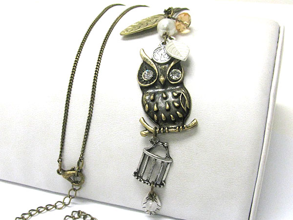 Crystal stud owl charm dangle long necklace