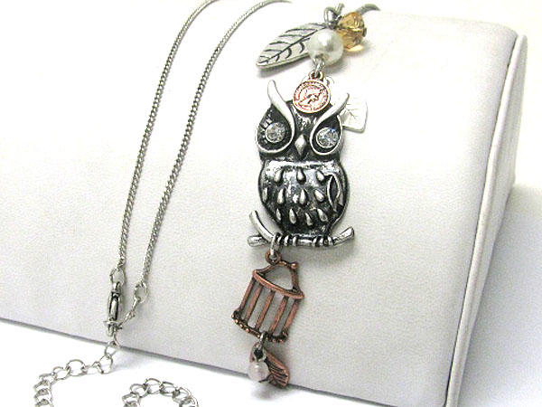 Crystal stud owl charm dangle long necklace