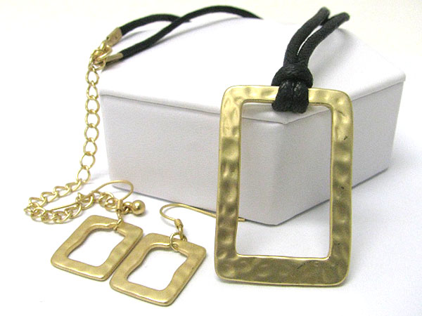 Hammered metal rectangle and cord tied necklace earring set