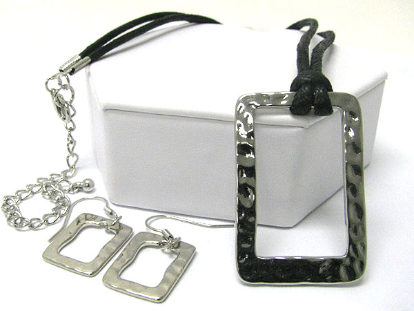 Hammered metal rectangle and cord tied necklace earring set