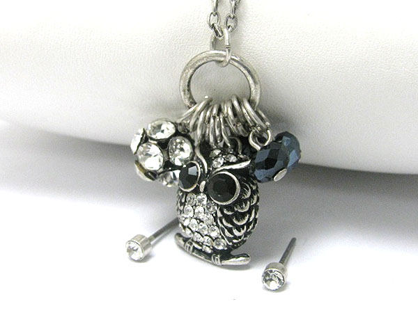 Crystal stud owl pendant and crystal ball dangle long necklace