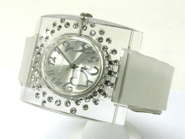 Crystal stud square acryl face rubber band watch