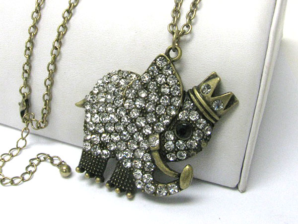 Crystal stud burnish metal king of elephant pendant long necklace