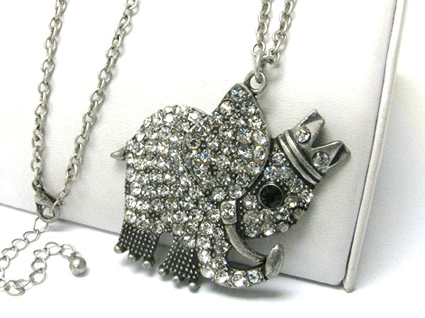 Crystal stud burnish metal king of elephant pendant long necklace