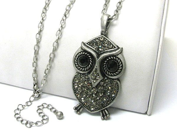 Crystal stud burnish metal owl pendant long necklace