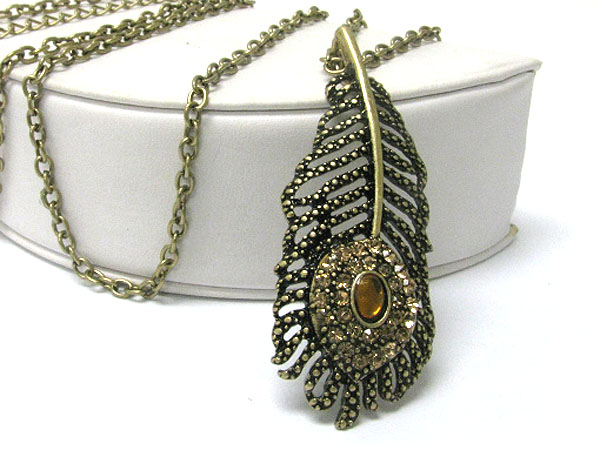 Crystal stud burnish metal feather pendant long necklace