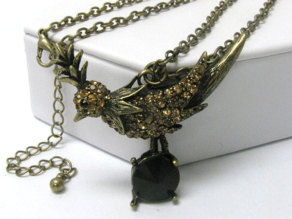 Crystal stud burnish metal bird pendant long necklace