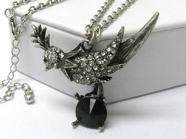 Crystal stud burnish metal bird pendant long necklace