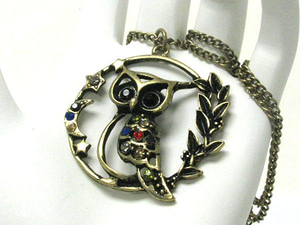 Crystal stud burnish metal owl pendant long necklace