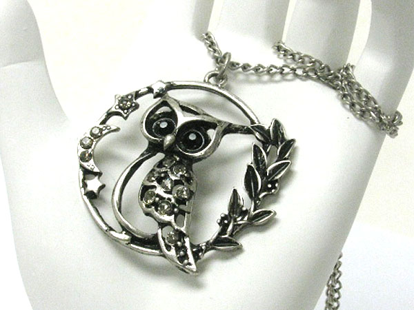 Crystal stud burnish metal owl pendant long necklace