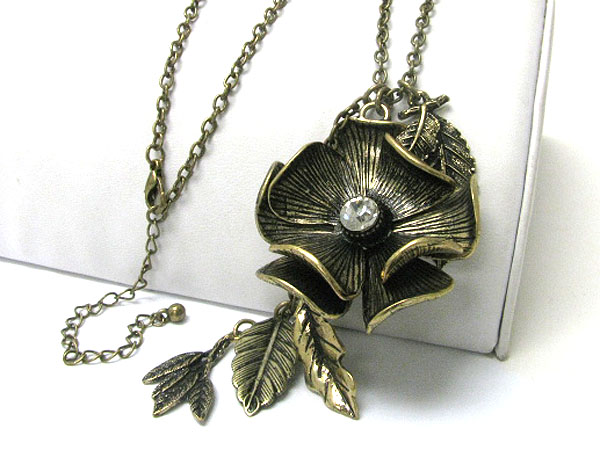 Crystal stud burnish metal flower pendant long necklace