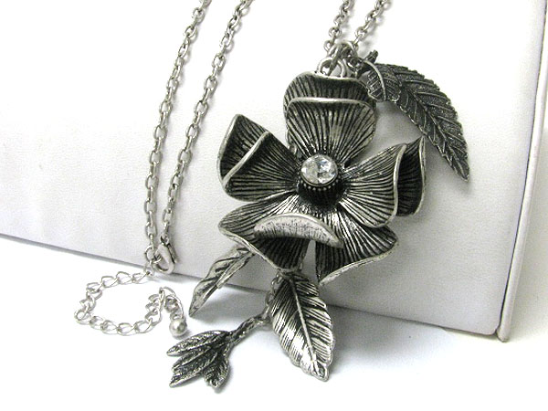 Crystal stud burnish metal flower pendant long necklace