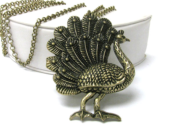 Burnish metal peacock sculpture pendant long necklace