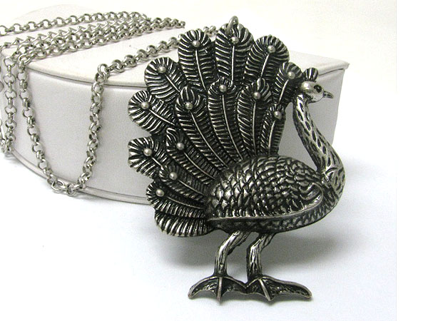 Burnish metal peacock sculpture pendant long necklace