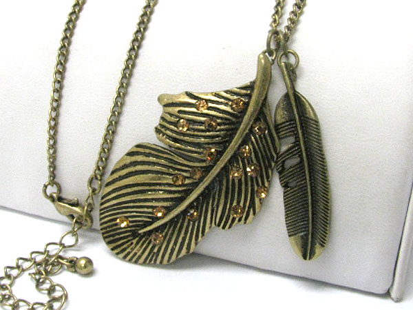 Crystal stud burnish metal dual feathers pendant long necklace