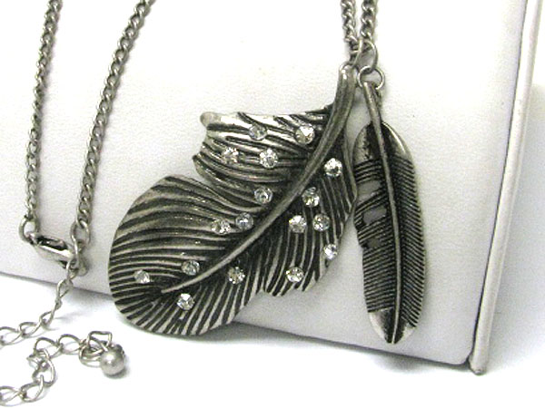 Crystal stud burnish metal dual feathers pendant long necklace